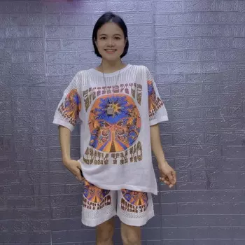 2 Piece Sets Womens Outfits Fashion Diamonds Summer Tracksuit Hollow Out Short Sete Casual Knitting Шорты Женские Летние