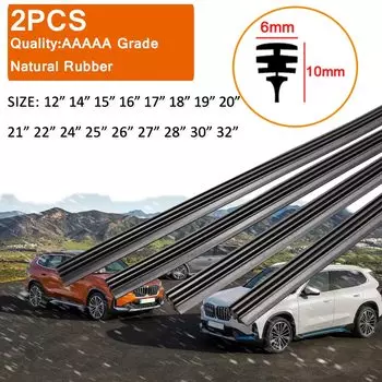 2 шт., автомобильные щетки стеклоочистителя, резиновые полоски для бескаркасные щетки стеклоочистителя без костей 6 мм 12 "14" 15 "16" 17 "18" 19 "20" 21 "22" 24 "25" 26 "27" 28 "30" 32"