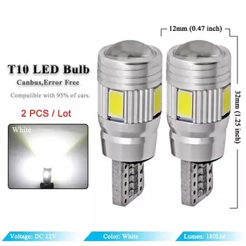 2 шт., Автомобильные светодиодные сигнальные лампы, 12 В, T10, W5W, 5W, 5 светодиодный одов, Canbus 6000K, 6 SMD