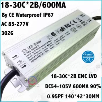 2 шт. CE водонепроницаемый IP67PF 60 Вт AC85-277V светодиодный драйвер 18-30cx2b 600MA DC54-105V постоянный ток для светодиодного прожектора бесплатная доставка