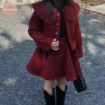 2 шт., детское шерстяное пальто и юбка с отложным воротником