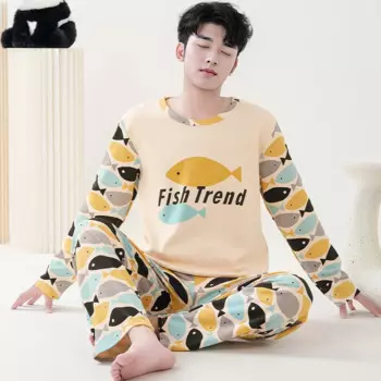 2 шт./комплект, мужская хлопковая Длинная Ночная сорочка с принтом рыбы