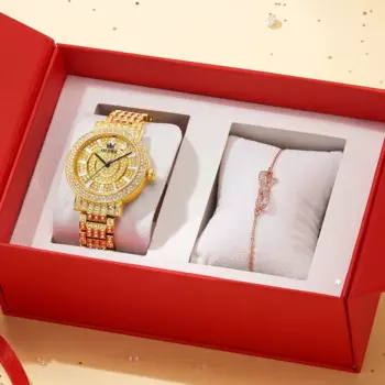 2 шт. / комплект OLEVS роскошные блестящие женские браслеты часы элегантные водонепроницаемые золотые женские кварцевые часы 9904