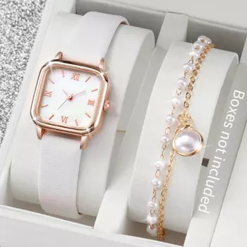 2 шт./комплект, женские кварцевые часы с кожаным ремешком