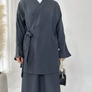 2 шт., одинаковый комплект мусульманских женщин, Дубай, Турция, платье из 2 предметов, кимоно, топы на шнуровке, юбка, костюм, исламская одежда, Абая, кафтан, наряды