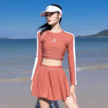 2 шт., однотонный купальник-танкини с длинным рукавом и юбкой