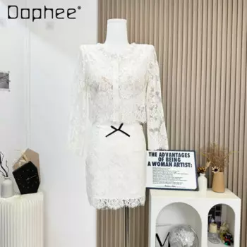 2 шт., женские кружевные топы с длинным рукавом и юбка-трапеция