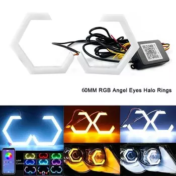 2 SZTUK 12V/24V RGB APP Control Hexagon Angel Eyes Halo Rings Retrofit Reflektor samochodowy Motocykl Biay DRL + bursztynowy kierunkowskaz