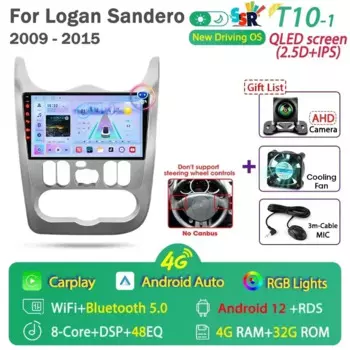 2Din 4G Android 12 Автомобильный радиоприемник Мультимедийный видеоплеер для Renault Logan 1 Sandero 2009-2015 Dacia Duster GPS Carplay Navigation