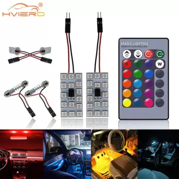 2 шт. T10 RGB 5050 15SMD Автомобильный светодиодный сигнальный светильник номерного знака Внутренний багажник Декоративная купольная лампа для чтения с дистанционным управлением Многоцветный