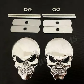 2x большой хромированный металлический череп, голова скелета, злая кость, эмблема на переднюю решетку автомобиля, значок
