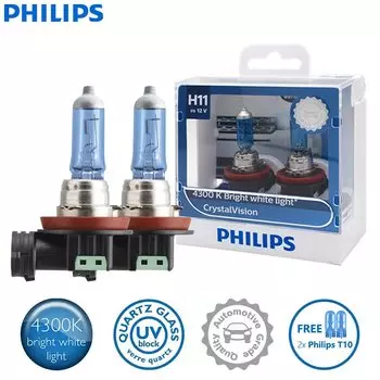 2X Philips H11 12 В 55 Вт PGJ19-2 Crystal Vision 4300 К Ярко-белый свет Галогенные фары Автомобильные лампы с 2 лампами T10 12362CVSM