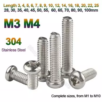 30-50 шт. м3 М4 304 болты с круглой головкой из нержавеющей стали крест крестообразный болт Длина 3,4,5,6,7,8, 91012141618202225-100 мм