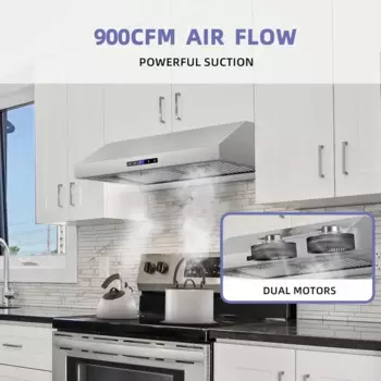 30-дюймовый козырек дальнего действия, двойной мотоцикл 900 CFM, козырек вентиляционного отверстия из нержавеющей стали для шкафа с 3-скоростным вытяжным вентилятором, сенсорный экран