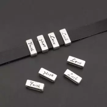 30pcs Carved Hope Love Luck Faith Slider Spacers Beads For 10x2mm Flat Leather Cord Bracelets Jewelry Gift Making