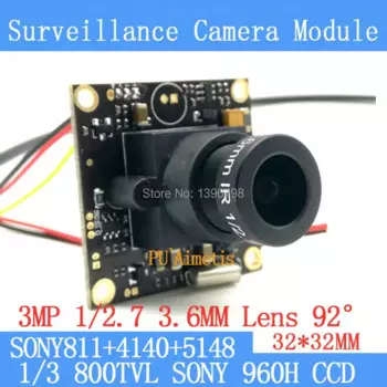 32*32 мм камера видеонаблюдения 800TVL 1/3 Effio CCD Sony 811 + 4140 + 5148 модуль камеры видеонаблюдения, 3MP + 3,6 мм объектив 92 градусов + BNC/OSDCable