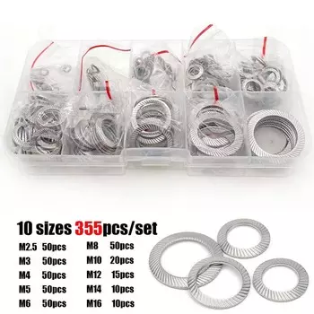 355 шт./компл. от M2,5 до M16 DIN9250 304, эластичная прокладка с накаткой из нержавеющей стали, дисковая пружина, зубчатая стопорная шайба, набор в ассортименте