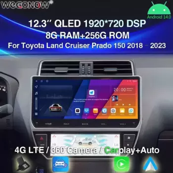 360 CAM Carplay 12,3 "Android 14.0 8 ГБ + 256 ГБ Автомобильный DVD-плеер GPS WIFI BT 5.0 Радио для Toyota Land Cruiser Prado 150 2018-2024