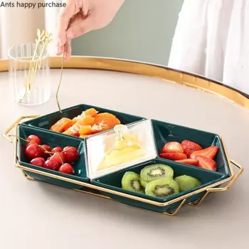 3 ячейки, 5 ячеек, керамический поднос для закусок, акриловая крышка, металлическая основа, поднос для закусок, фруктовая тарелка, поднос для сушеных фруктов, салата, зеркальная чаша