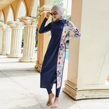3 шт., Burkini хиджаб с принтом, Исламский купальник, пляжная одежда, купальный костюм, купальный халат, консервативный купальник