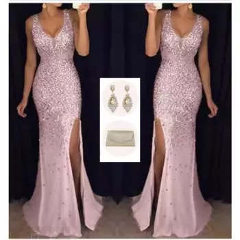 3 шт./компл. женское новое модное сексуальное платье с глубоким v-образным вырезом и разрезом позолоченное платье с блестящей сумкой и серьгами, длинное вечернее платье русалки