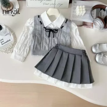 3 шт./комплект, детская хлопковая рубашка с рюшами и жилет с бантом