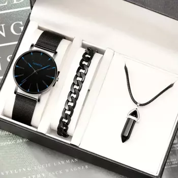 3 шт./комплект, мужские наручные часы с сетчатым браслетом