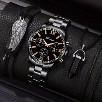 3 шт./набор, модные мужские деловые кварцевые часы, браслет с крыльями, шестигранное ожерелье с подвеской в виде столба