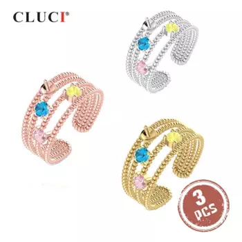 3 шт., серебристые, розовые, золотистые кольца CLUCI с цветком, Женское кольцо с жемчугом из циркония, регулируемые открытые кольца с цветком, SR2189SB