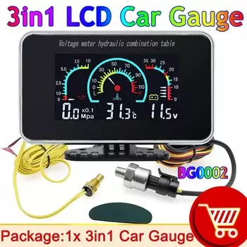 3 в 1 ЖК-дисплей Автомобильный цифровой манометр Вольтметр Измеритель температуры воды 1/8 NPT Датчик давления масла + Датчик температуры воды 10 мм