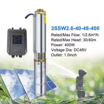400 Вт, солнечный насос для глубоких скважин, нержавеющая сталь, 48 В постоянного тока, бесщеточный внешний контроллер, выход, 1,25 дюйма, 2,6 т/ч, 40 м, насос для глубоких скважин