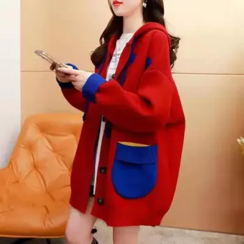 # 4045 синий, красный кардиган, пальто, женский вязаный свитер с капюшоном с героями мультфильмов, Femme, свободный трикотаж с разрезом и карманами, кардиган в корейском стиле