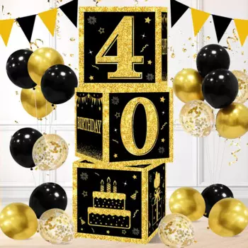40th Birthday Decorations Boxes for Men Women Black Gold Happy 40 Birthday Figure Boxes Party Supplies 40 Year Old Birthday Gift