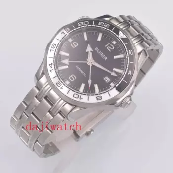 41 мм Bliger, черный циферблат, сапфировое стекло, автоматические мужские часы, двойной часовой пояс, GMT, керамический безель, стальной браслет, светящиеся мужские часы