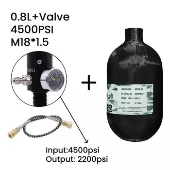 4500Psi 300Bar 800cc 48ci Цилиндр из углеродного волокна с регулирующим клапаном 0,8L Цилиндр высокого давления HPA Резервуар для подводного плавания M18 * 1,5