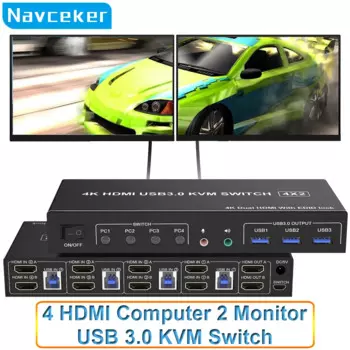 4 порта HDMI USB 3,0 KVM переключатель 4X2 двойной монитор 4K @ 60 Гц Расширенный дисплей DP KVM переключатель 4 в 2 выход для 4 ПК Share клавиатура мышь