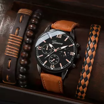 4 шт./комплект, мужские кварцевые часы с ремешком из ПУ кожи