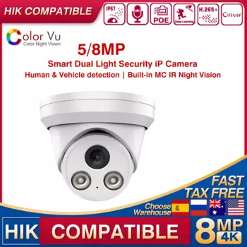 4K 5 Мп 8 Мп Hikvision совместимая с PoE IR ColorVu двойная стандартная IP-камера с датчиком движения, безопасность, домашняя камера видеонаблюдения, камера с сигнализацией