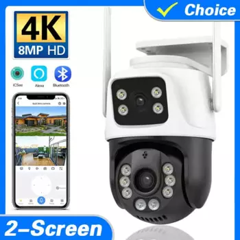 4K 8MP цветная ночная Wi-Fi PTZ-камера с двумя объективами и двойным экраном, IP-камера с автоматическим отслеживанием, CCTV, двустороннее аудио-видео наблюдение P2P iCSee