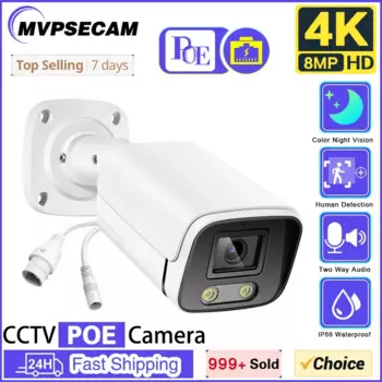 4K 8MP POE камера видеонаблюдения снаружи улицы полноцветная камера ночного видения POE IP камера безопасности 2-сторонняя аудиокамера видеонаблюдения пуля