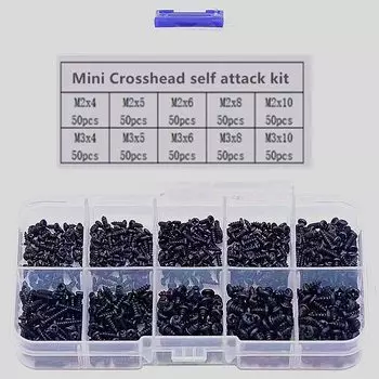 500-1000 шт. M1 M1.2 M1.5 M1.7 M2 M2.5 M3 микс-Сковорода с крестообразной головкой микро-винты круглая цилиндрическая головка саморезы по дереву набор винтов коробка