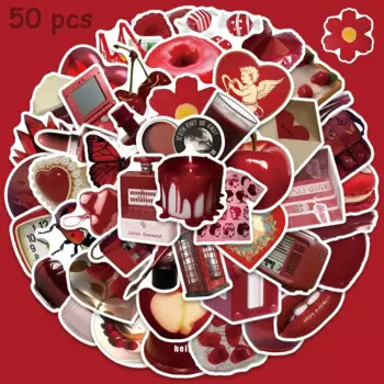 50pcs INS Style Vintage Red Simple Stickers Aesthetic DIY Decals Water Bottle Laptop Luggage Fridge Scrapbook Diary Stickers