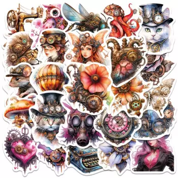 50pcs Retro Watercolor Cartoon Aesthetic Metallic Steampunk Stickers For Laptop Water Bottle Luggage Notebook Waterproof Decals