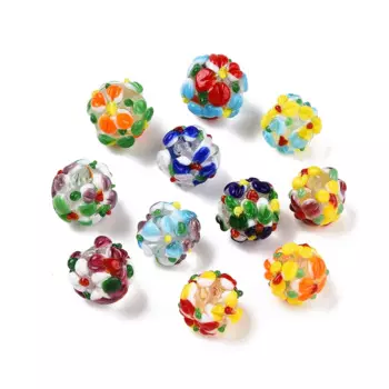 50pcs Round with Flower Lampwork Beads Handmade Loose Spacer Beads For Jewerly Making Diy Bracelet Charm Accessories