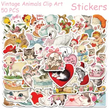 50pcs Vintage Animals Clip Art Stickers Decals For Phone Laptop Scrapbook Skateboard DIY Aesthetic Stickers Kids Creative Gifts