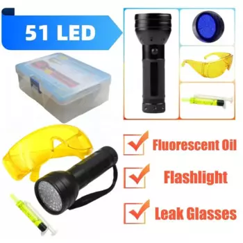 51, светодиодный УФ-фонарик, автомобильный кондиционер, система кондиционера, набор детекторов утечек, очки, флуоресцентное масло, набор инструментов