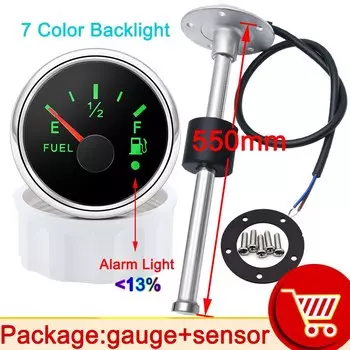 52 мм светодиодный датчик уровня топлива + датчик уровня поплавка топлива 240-33ohm для авто морской лодки с 7-цветной подсветкой 12В ~ 24В водонепроницаемый