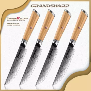 5 дюймовый нож для стейка Grandsharp Pro, 4 шт. в комплекте, 67 слоев, искусственная Дамасская сталь, инструменты для готовки шеф-повара, обеденная ручка из оливкового дерева