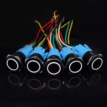 5 шт. черный кнопочный переключатель с проводом, водонепроницаемая металлическая защелка с подсветкой, мгновенная 5 В, 12 В, 220 В, светодиодная лампа 16/19/22 мм, красный