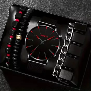 5 шт./комплект, модные мужские кварцевые часы с сетчатым ремешком